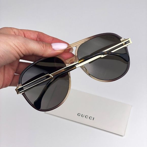 🔥Gucci GG1104S 003 Sunglasses Transparent Brown Gold Brown Pilot Unisex - Picture 4 of 12